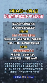 注意防范不利影響！7月31日～8月1日慶陽市中北部有中到大雨