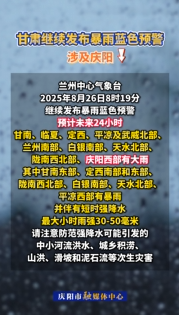 甘肅繼續(xù)發(fā)布暴雨藍色預(yù)警，涉及慶陽→